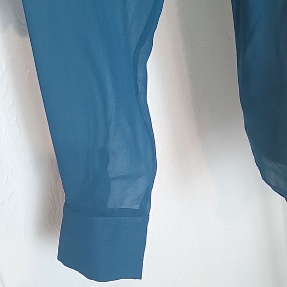 Kensie Sheer Dark Teal Buttondown Blouse with Black Beaded Collar, Size Large - Picture 3 of 9